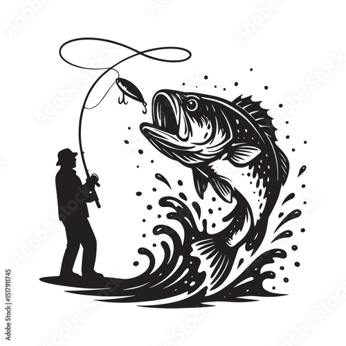 Vintage Fisherman Catching Big Bass – Black and White Fishing Vector Illustration