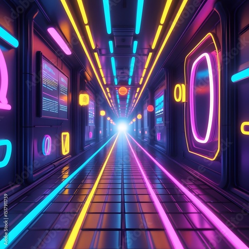 Sci-Fi Passage Abstract Corridor with Bright Neon Glow and Advanced Interfaces