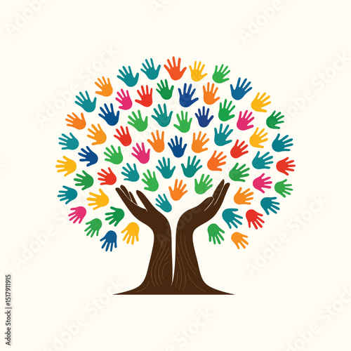 Diversity Tree Made of Colorful Handprints – Unity and Community Concept Vector