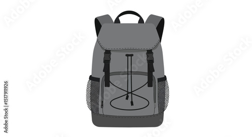 Grey backpack illustration with black straps and mesh pockets on a white background
