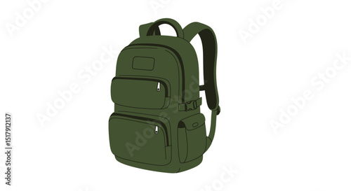 Illustration of a green backpack with multiple pockets on a white background