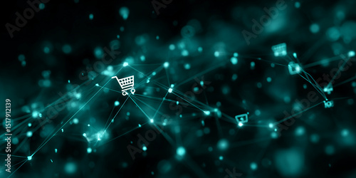 Abstract teal network with shopping cart icon, symbolizing online commerce, global connectivity, and digital marketplace