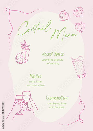 Coctail menu in whimsical outline style. Summer coctails flat hand drawn illustrations. Vector template flyer