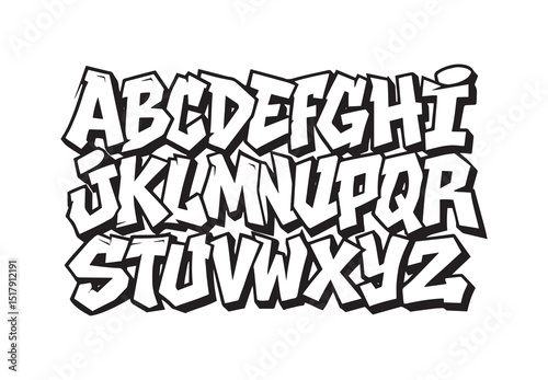 Street art font Urban graffiti alphabet edgy and modern hand drawn typography outlined capital letters with 3D shadow for hip hop street culture inspired lettering design vector set
