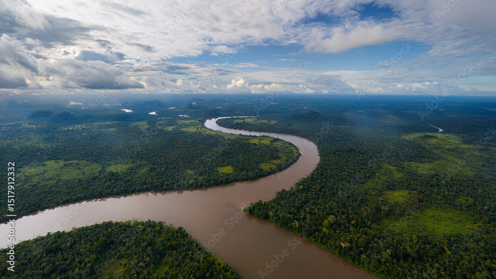 Obraz premium Aerial View of Winding River Through Lush Green Forest
