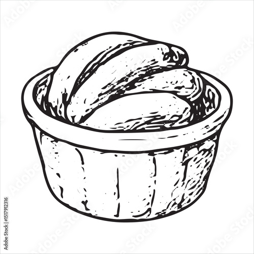 A detailed vector illustration of a classic American pie with a lattice crust, served in a rustic wooden bowl. The sketch style enhances its vintage and homemade appeal