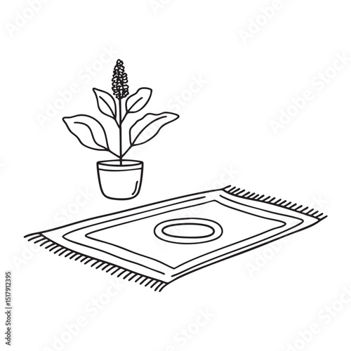A tulsi plant near a woven rug mat