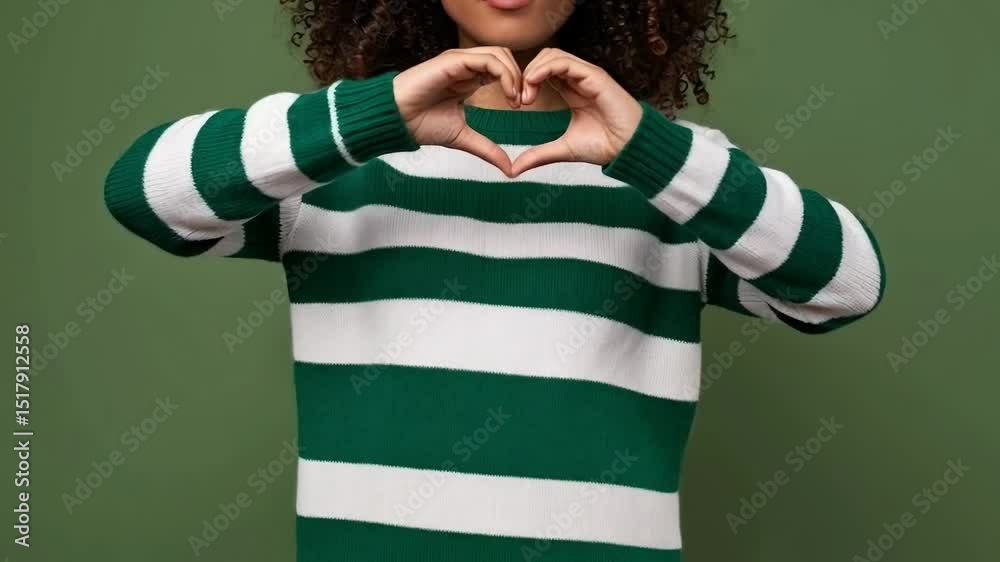 Smiling woman making heart shape with hands against green background