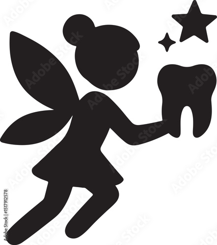Silhouette vector of tooth fairy icon, creative design for dental care, children’s health, and whimsical themes.