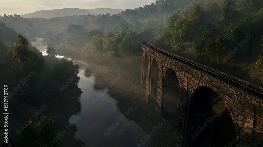 Fototapeta premium Misty Valley With Ancient Stone Bridge
