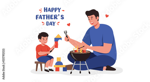 Father and Son Celebrating Fathers Day with a Barbecue and Playing with Blocks