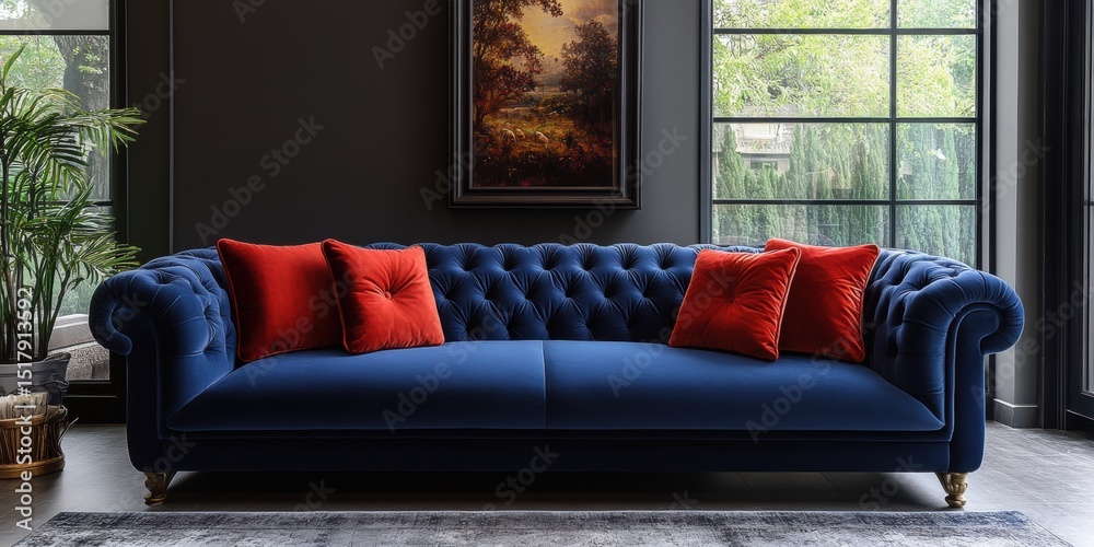 Fototapeta premium Velvet Blue Couch with Red Pillows in an Elegant Room with Dark Walls