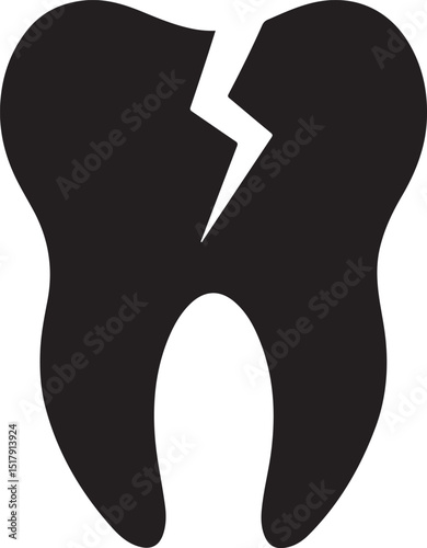 Silhouette vector of broken tooth with crack icon, representing dental damage, pain, and urgent care needs.