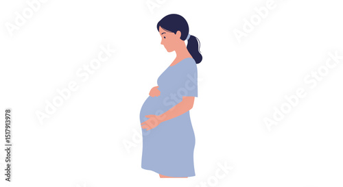 Illustration of a Smiling Pregnant Woman Holding Her Belly in a Light Blue Dress