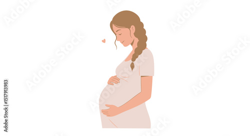 Illustration of a Pregnant Woman with Braided Hair Embracing Her Belly with Love and Anticipation