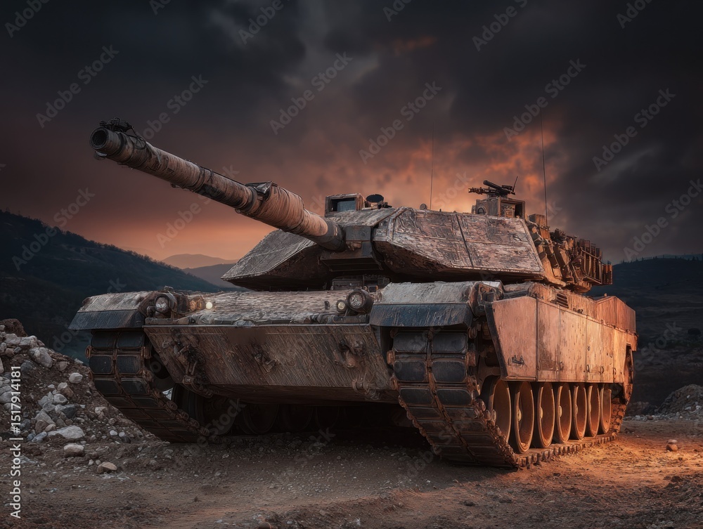 Military tank at sunset in the mountains Military tank at sunset in the mountains