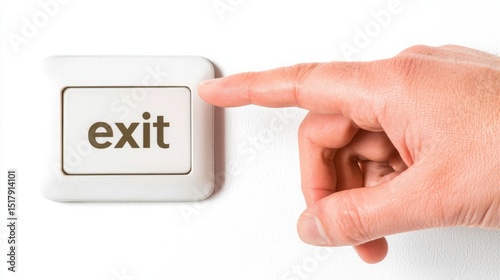 Escape exit minimalist. A finger is about to press a wall-mounted button labeled 