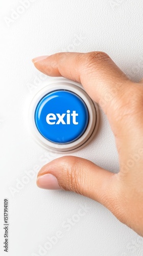 Escape exit minimalist. A hand presses a blue button labeled 