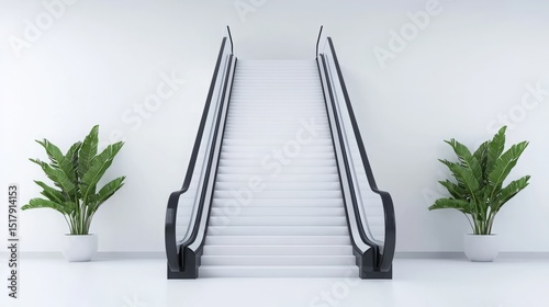 Escape exit minimalist. A modern, white escalator between two potted green plants in a minimal, bright interior space.