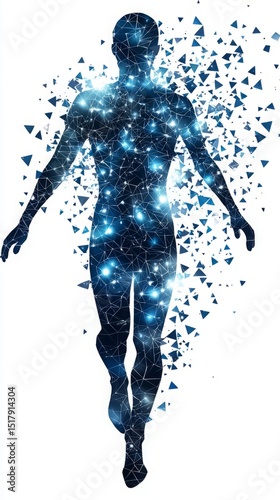 Escape exit minimalist. A digital human silhouette dissolves into glowing blue particles and triangles on a white background.