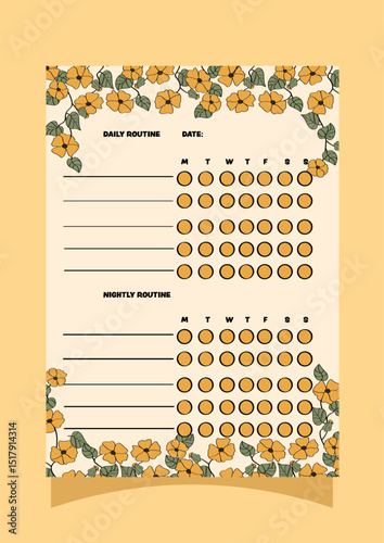 habit tracker with autumn orange flowers. Planner for monthly and daily organizing.