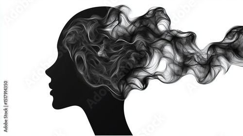 Escape exit minimalist. A black silhouette of a head with abstract, smoky lines flowing from the mind, symbolizing thoughts or emotions.