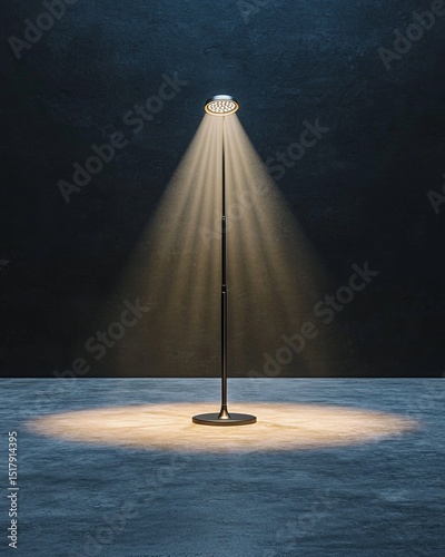 Escape exit minimalist. A single standing lamp illuminates a dark, empty room with a focused circle of warm light.