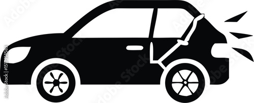 Black Silhouette Car with Cracked Back Window and Collision Impact Icon Illustration