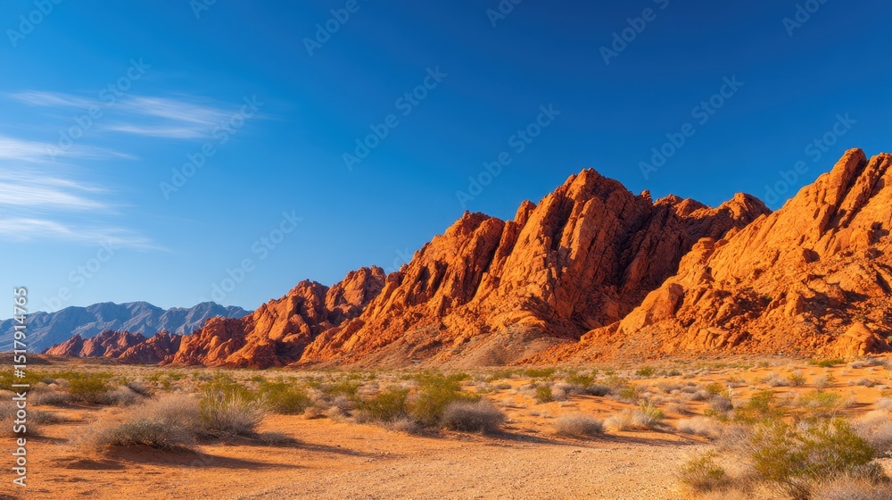 Naklejka premium Majestic Red Rock Mountains Under Clear Blue Sky with Sparse Vegetation in Desert Landscape