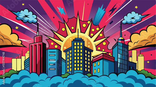 A Vibrant Pop Art Metropolis at Dusk A Superhero Comic Book Cityscape with Explosions and Dynamic Energy