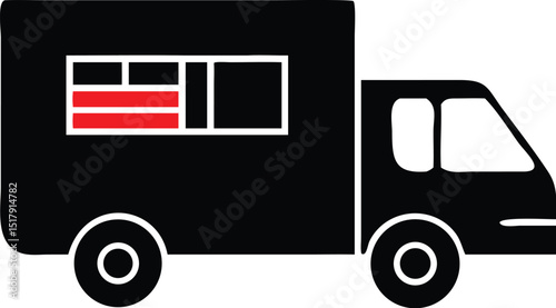 Isolated Black Delivery Truck Illustration with Red Accent on Window and White Background