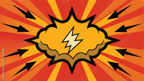 Concentric Comic Book Explosion with a Central Lightning Bolt and Outward Pointing Arrows on an Orange and Red Radial Background