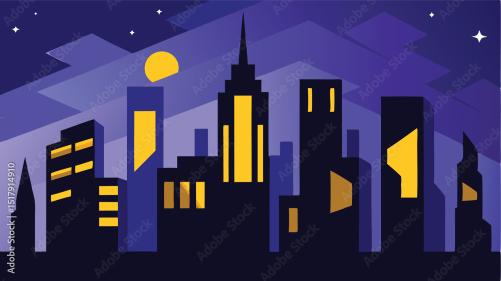 Fototapeta premium A Geometric Cityscape at Night Featuring Silhouetted Skyscrapers with Glowing Yellow Windows Under a Starry Sky with a Full Moon and Angular Clouds