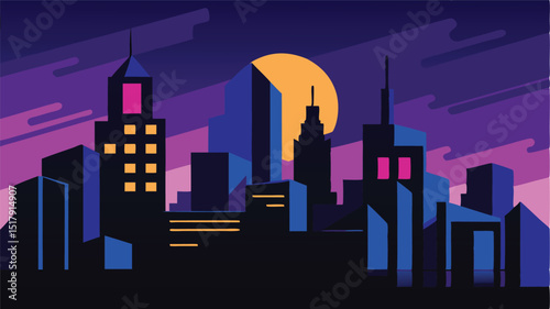 A Stylized Urban Metropolis at Night Featuring Geometric Skyscrapers with Glowing Pink and Yellow Windows Under a Purple Sky with a Large Orange Moon