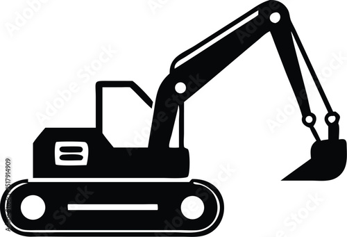 Simple Black and White Excavator Illustration Construction Equipment, Digger, Loader, and Heavy Machinery