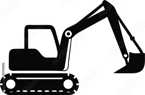 Black Silhouette Illustration of an Excavator with Tracks, Cab and Bucket on White Background