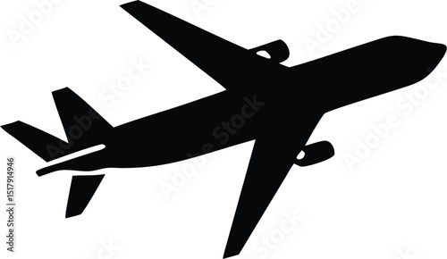 Black Airplane Silhouette Flying at an Angle on a White Background