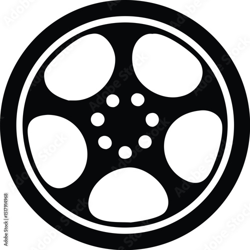 Black and White Car Wheel with Five Spokes and Eight Center Circles
