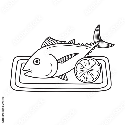 A tray with a lemon slice next to a tuna fish