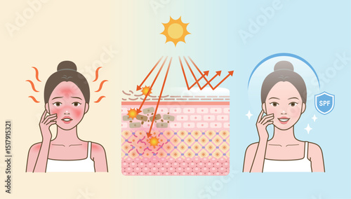 The changes of skin structure damaged by sunlight(before and after comparison). Skin layer vector illustration. Skin anatomy
