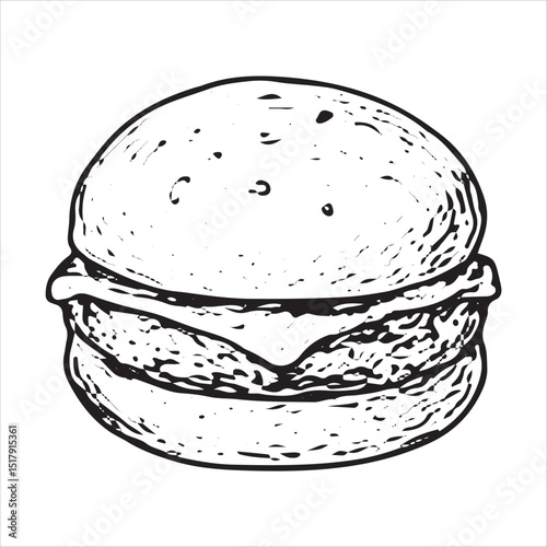 This vector depicts a classic American burger with layers, ideal for fast food, diner themes, and culinary designs in a sketch style