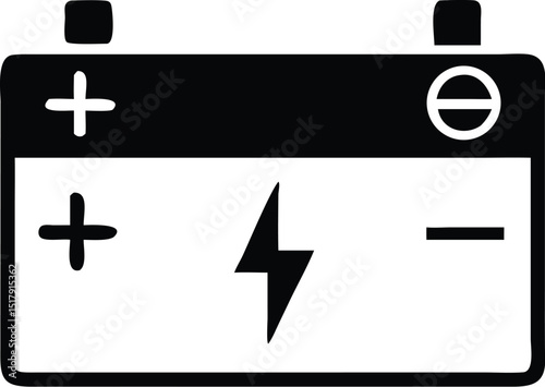 Black and White of an Automotive Battery with Plus, Minus, and Lightning Bolt