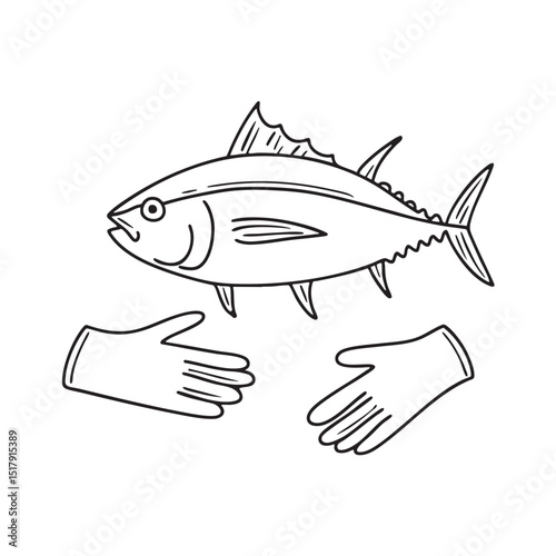 A tuna fish next to a pair of gloves