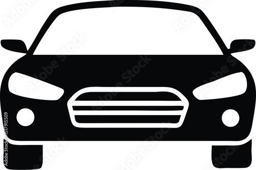 Black Car Front View Icon with Headlights, Grill and Wheels Illustration