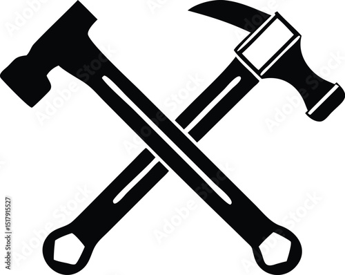 Crossed Hammer and Wrench Black and White Illustration of Essential Construction Tools