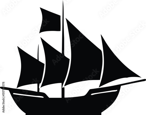 Silhouette of a Majestic Sailing Ship with Multiple Sails Against a White Background