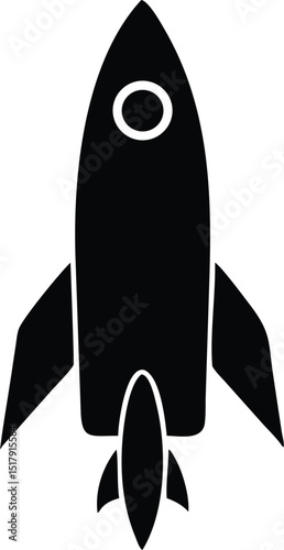 Simple Black and White Silhouette of a Rocket Taking Off Against a White Background