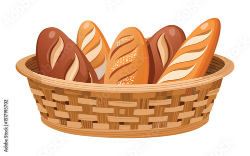 Variety of Fresh Loaves in Rustic Basket - Vector Illustration