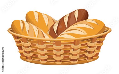 Golden Breads and Rolls in Wicker Basket - Vector Illustration