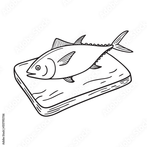 A chopping board with a tuna fish on top